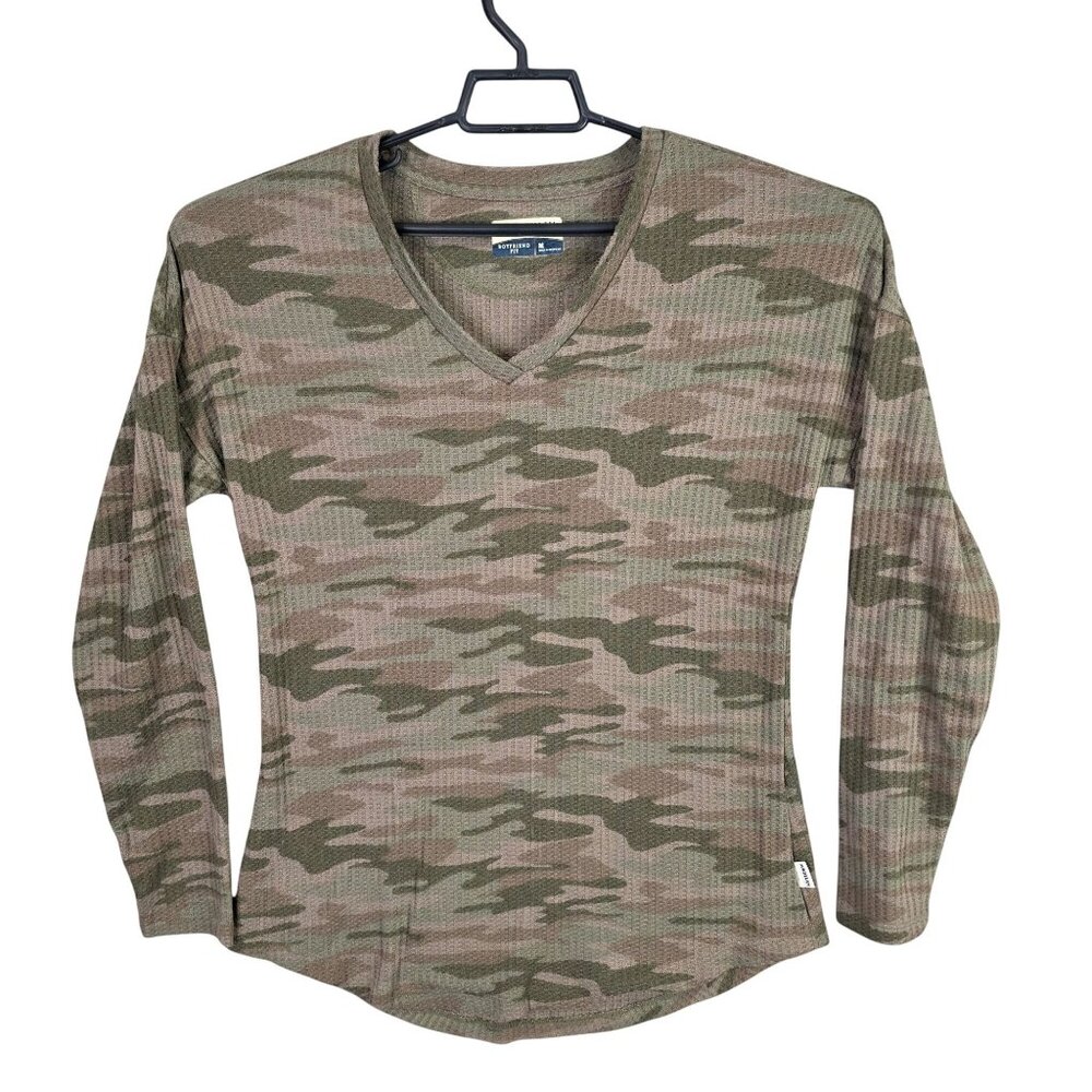 Womens Magellan Boyfriend Fit Waffle Knit Camo Shirt V-neck Long Sleeve Size M